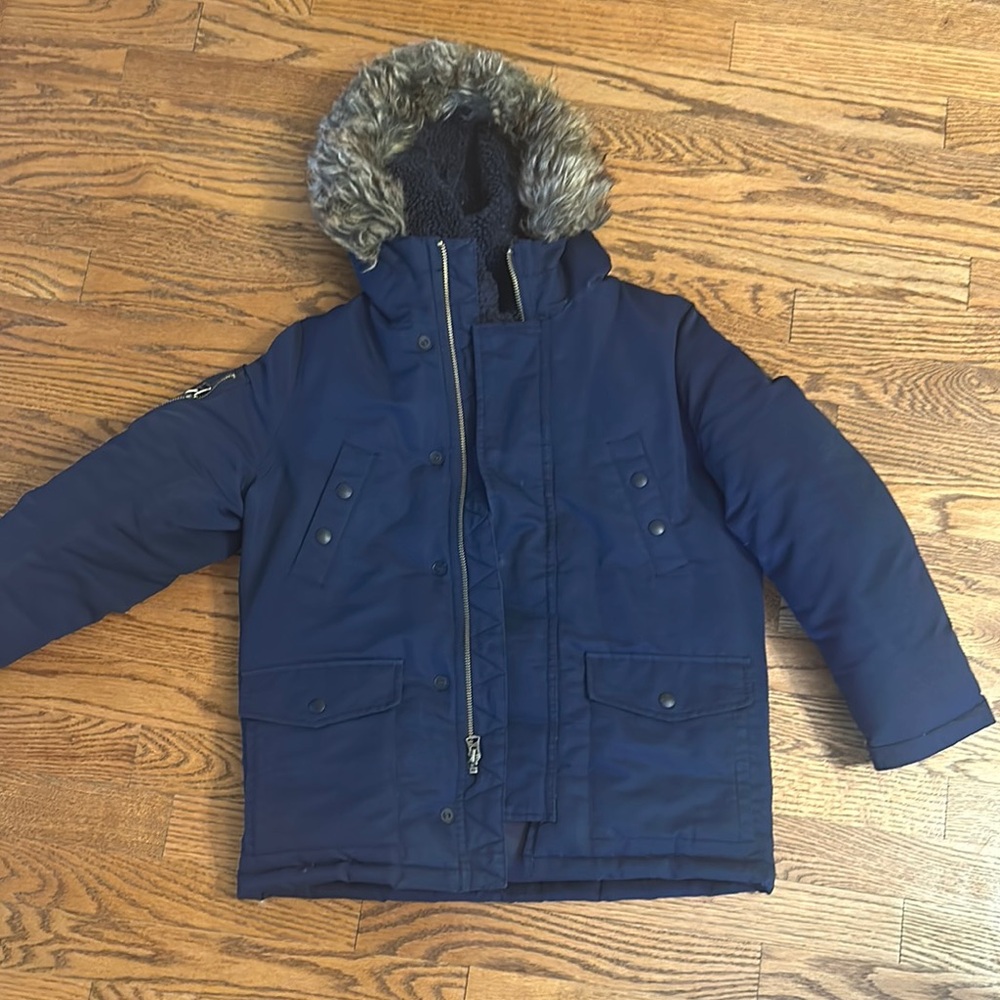 Polo Ralph Lauren Navy coat with Faux Fur Hood size 8